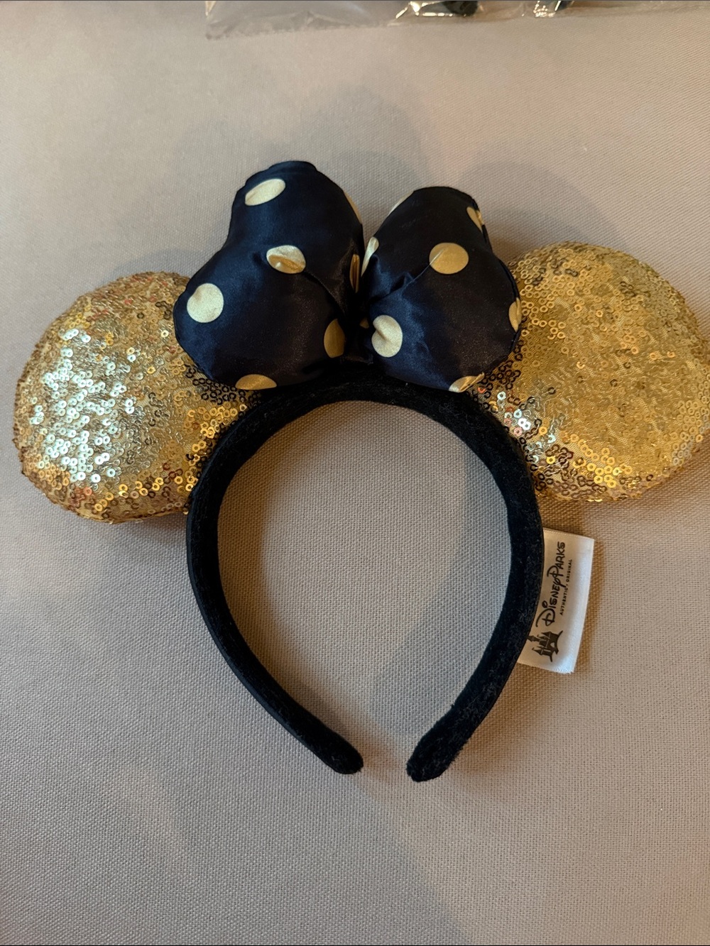Disney Black and Gold Sequin Minnie Ear Headband with Polka Dot Bow